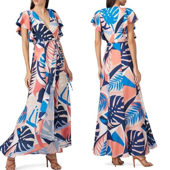 Hutch by Anthropologie Talia Orange/Blue Tropical Wrap Maxi Dress 37545